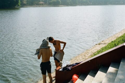 happy family at a lake